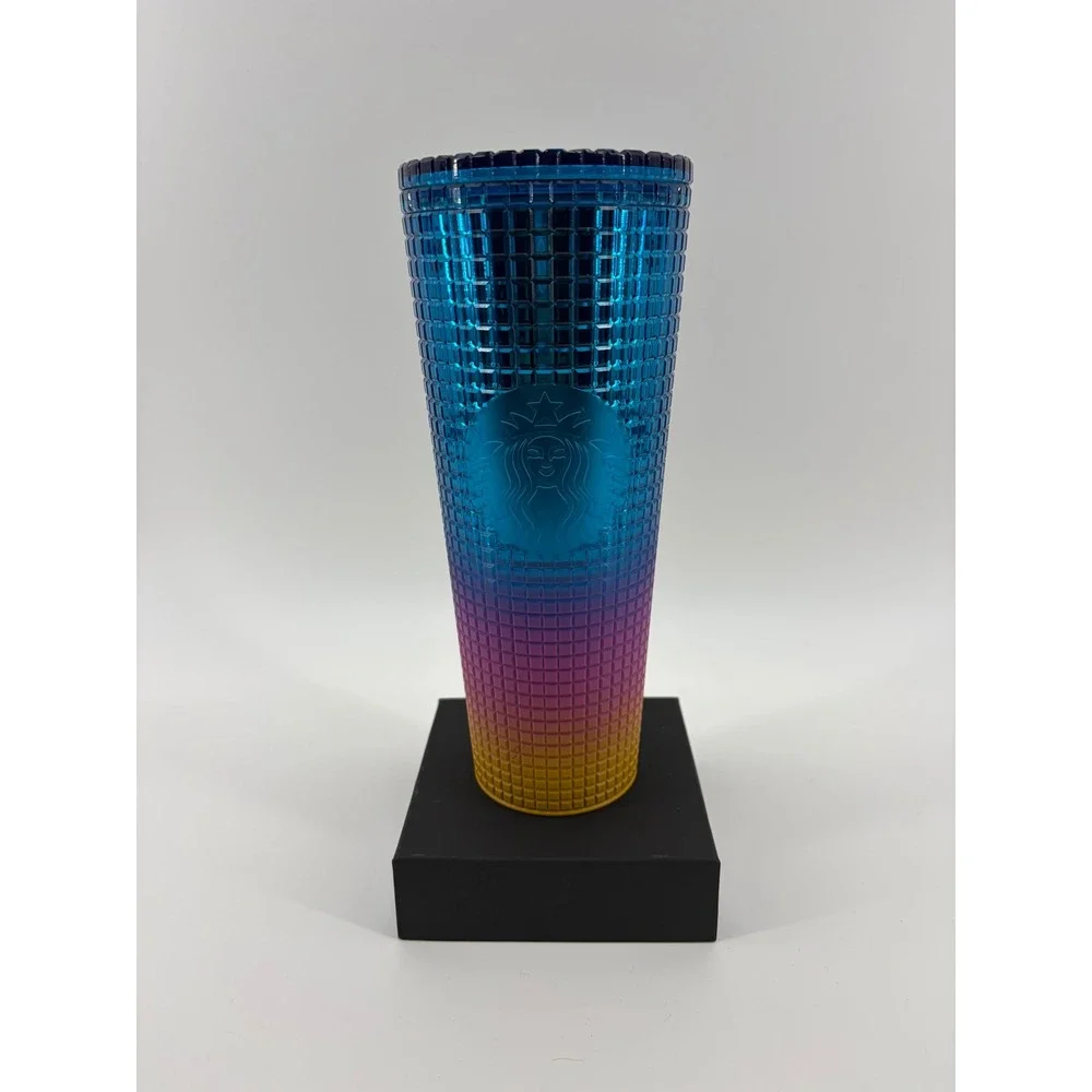 Starbucks Tumbler‎ Cold Cup Unisex 24oz Blue Purple Yellow Grid Ombre No Straw